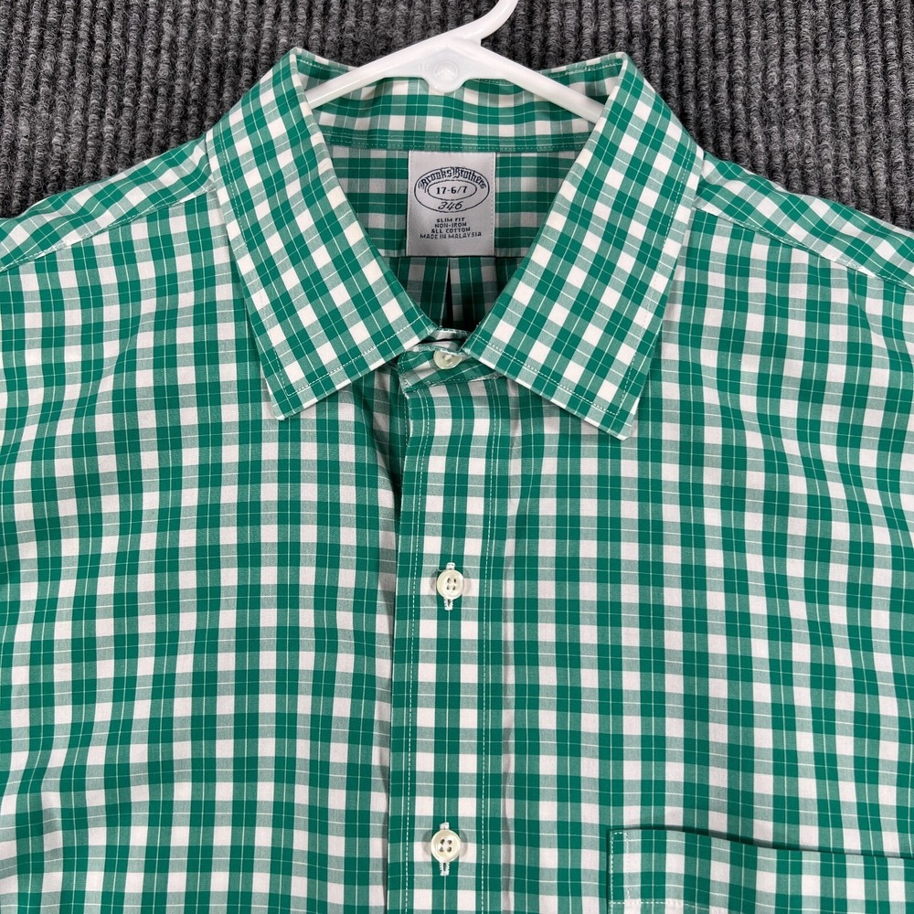 Brooks Brothers 346 Shirt Mens 17 Green Check Long Sleeve Button Up‎ Slim Fit